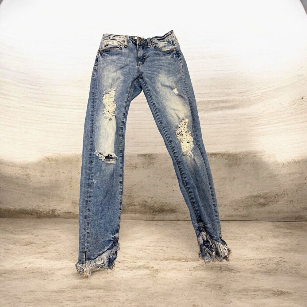 Women’s KanCan Skinny Jeans Blue Light Wash Distressed Mid Rise 5-Pocket Size 3